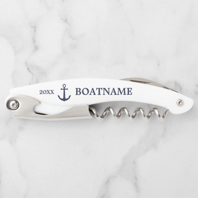 Modern Nautical Anchor Navy Blue White Custom Name Corkscrew (Front)