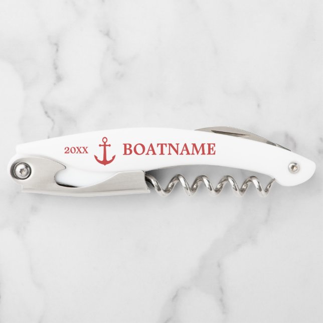 Modern Nautical Anchor Red and White Custom Name Corkscrew (Front)