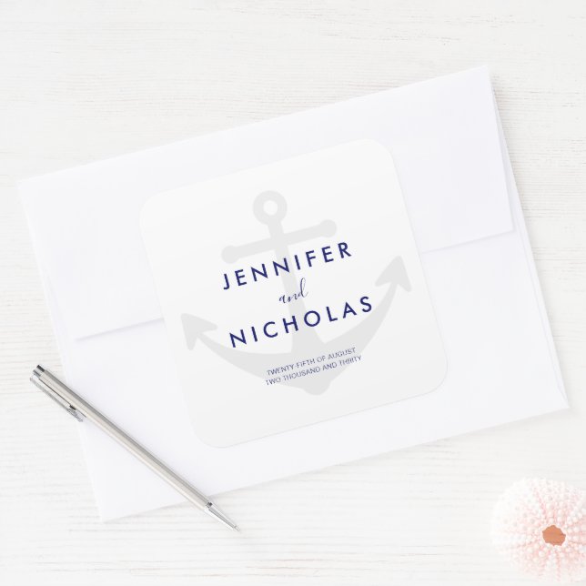 Modern Nautical Anchor  Wedding Square Sticker (Envelope)