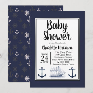 Modern Nautical Anchors & Vintage Ship Baby Shower Invitation