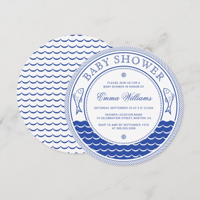 Modern Nautical Baby Shower Invitations - Blue (Front/Back)