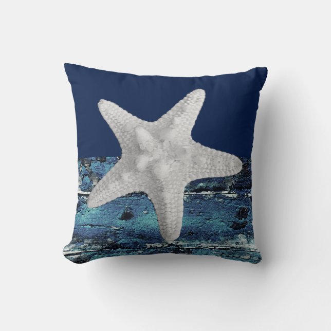 Modern Nautical Beach Navy Blue Starfish Cushion (Front)