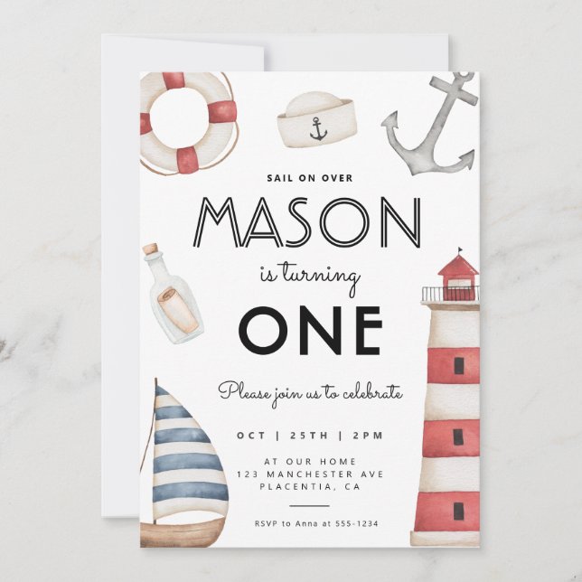 Modern Nautical Birthday Party Sailboat  Invitation (Front)