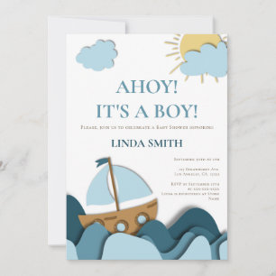 Modern Nautical Blue Boat Baby Shower Invitation