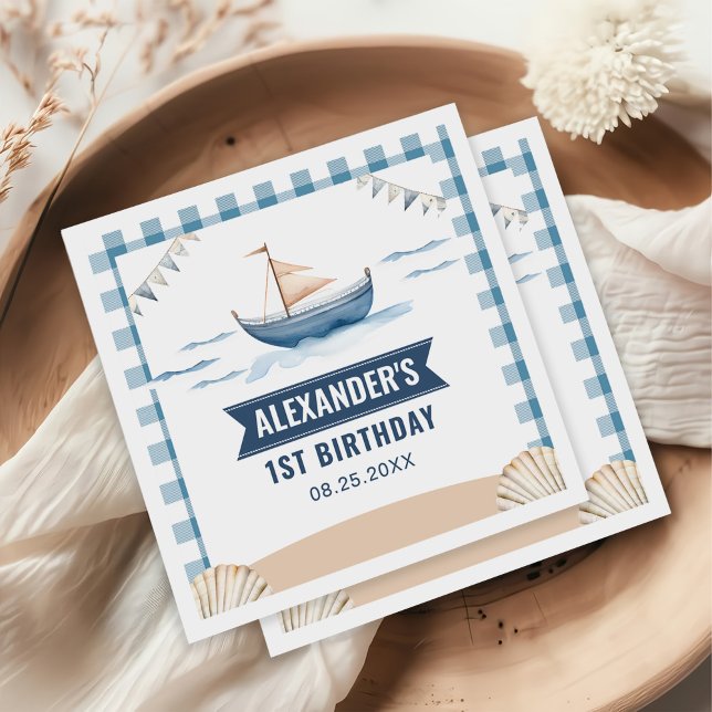 Modern Nautical Blue Boy 1st Birthday Napkin (Creator Uploaded)