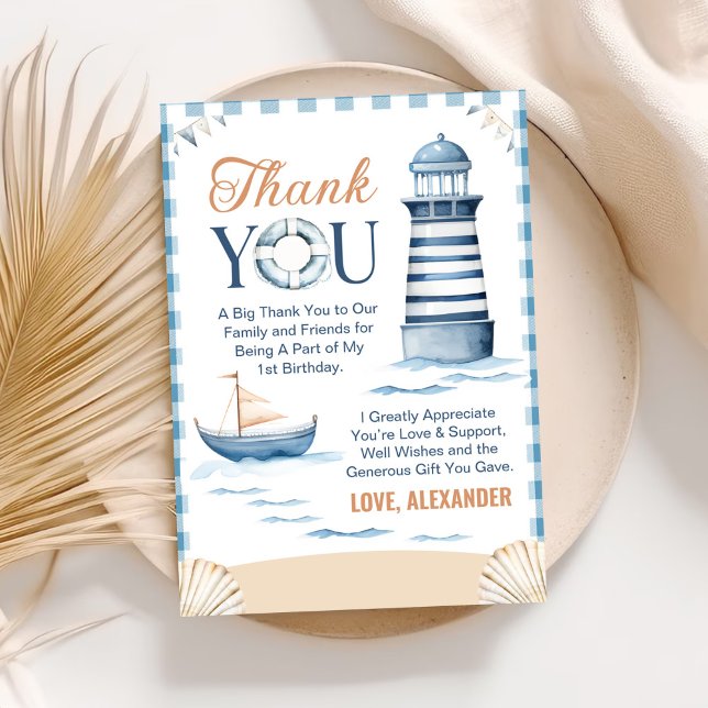 Modern Nautical Blue Boy 1st Birthday Thank You Card (Creator Uploaded)