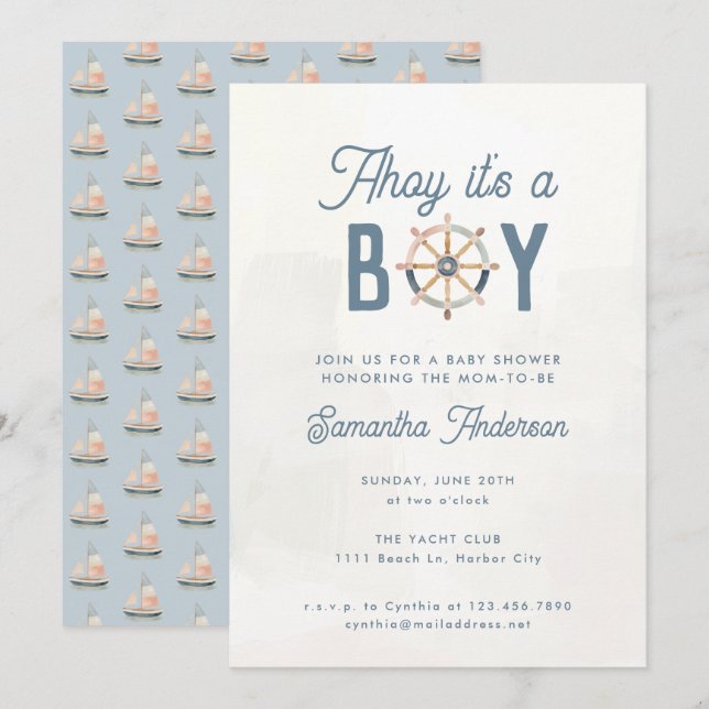 Modern Nautical Blue Pastel Boy Baby Shower Invitation (Front/Back)