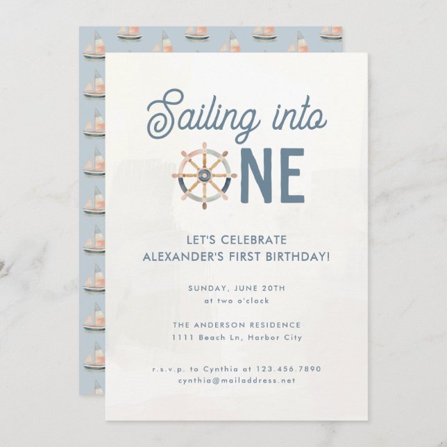 Modern Nautical Blue Pastel Kids 1st Birthday Invitation (Front/Back)