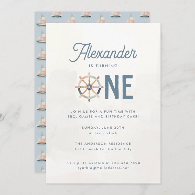 Modern Nautical Blue Pastel Kids 1st Birthday Invitation (Front/Back)