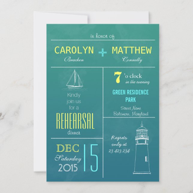 Modern Nautical Boat | Lighthouse Rehearsal Dinner Invitation (Front)
