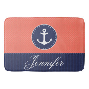 Modern Nautical Coral Blue Anchor Personalised Bath Mat