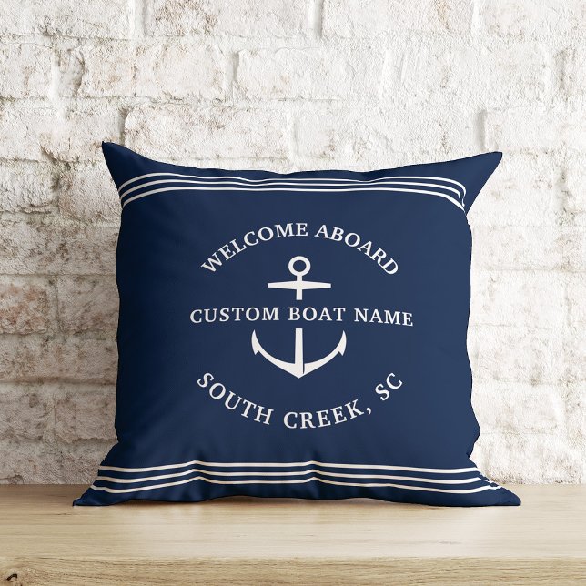 Modern Nautical Custom Boat Name Anchor Welcome Cushion (Welcome aboard! )