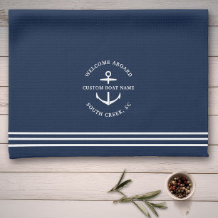 Modern Nautical Custom Boat Name Anchor Welcome Tea Towel