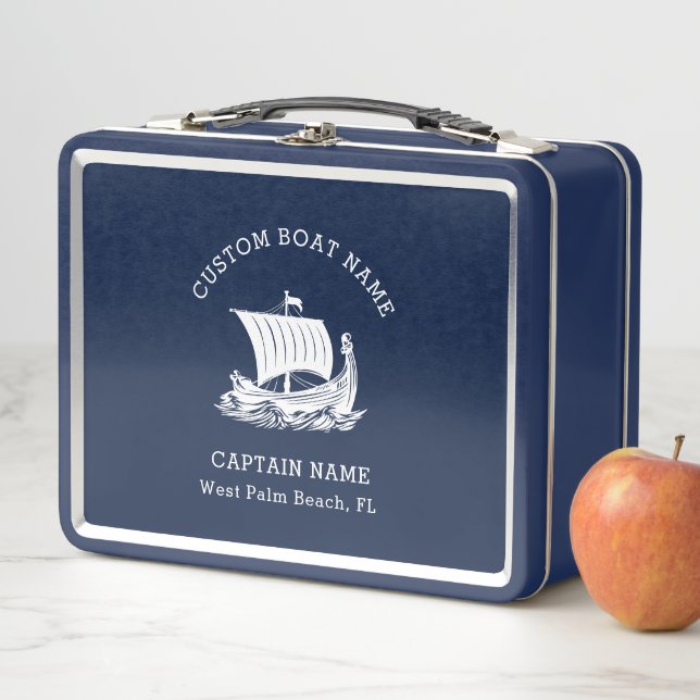 Modern Nautical Custom Boat Name & Ship Logo Metal Lunch Box (In Situ)