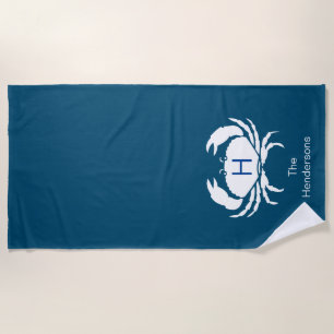 Modern Nautical Dark Teal Blue Crab Monogram Name  Beach Towel