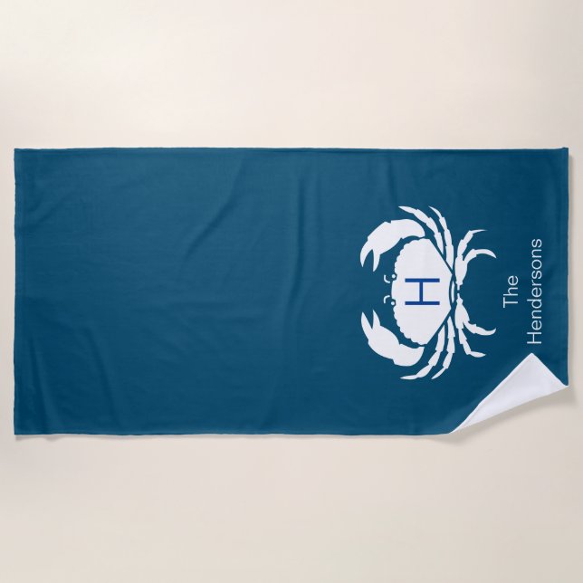 Modern Nautical Dark Teal Blue Crab Monogram Name  Beach Towel (Front)