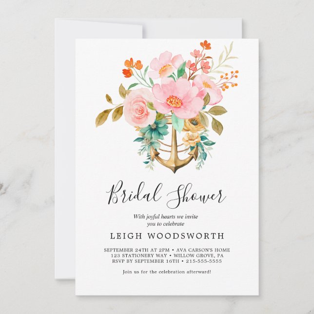 Modern Nautical Floral Bridal Shower Invitation (Front)