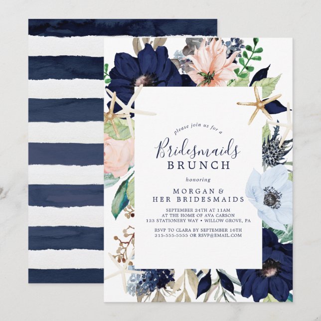 Modern Nautical | Floral Bridesmaids Brunch Invitation (Front/Back)
