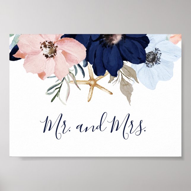 Modern Nautical | Floral Mr. and Mrs. Wedding Sign (Front)