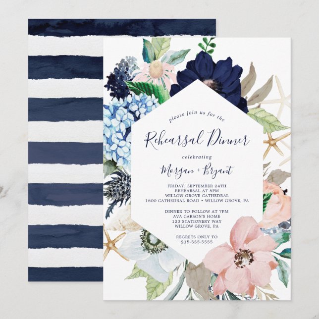 Modern Nautical | Floral Rehearsal Dinner Invitation (Front/Back)
