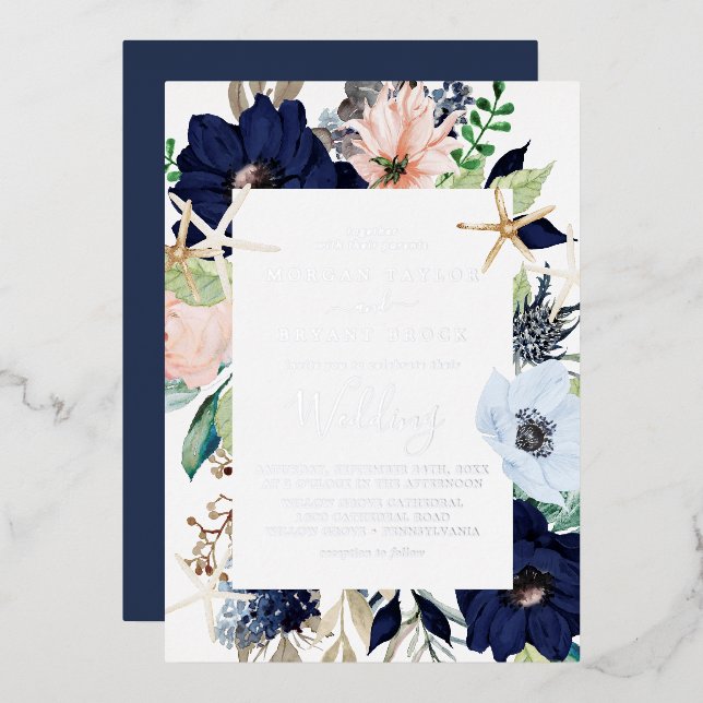 Modern Nautical Floral | Silver Foil Navy Wedding (Front/Back)