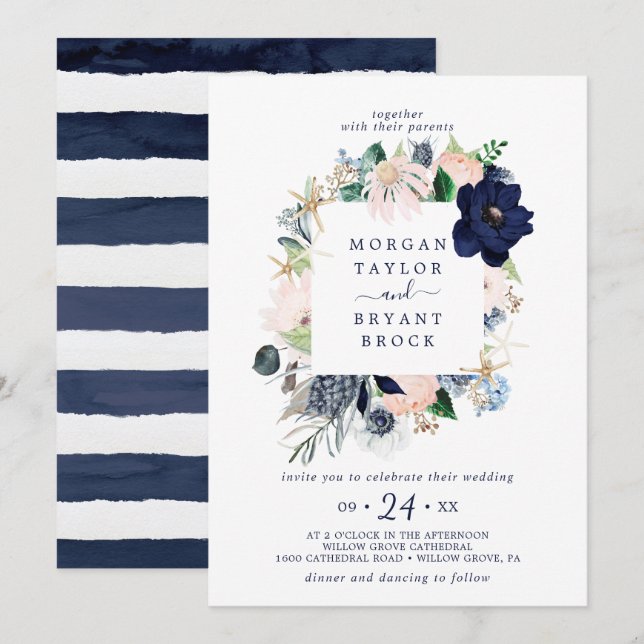Modern Nautical | Floral Square Frame Wedding Invitation (Front/Back)