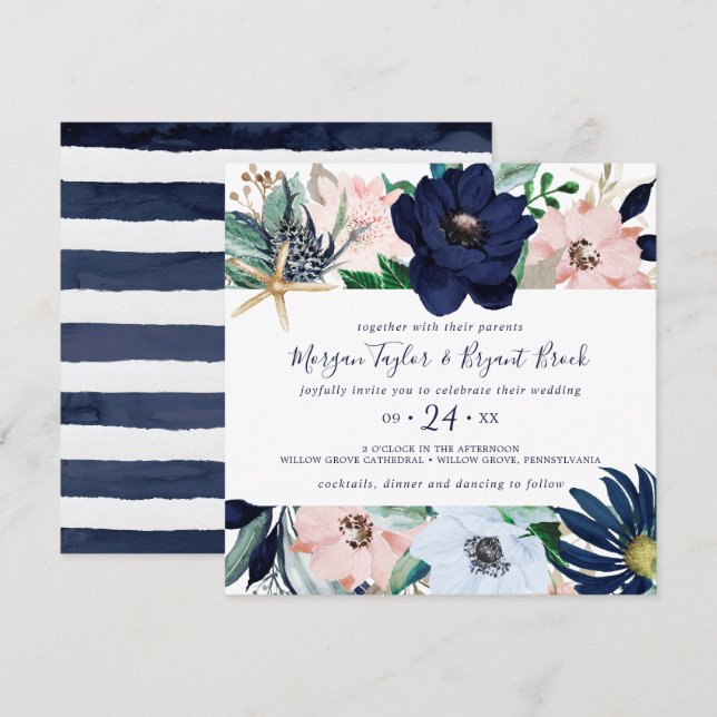 Modern Nautical | Floral Square Wedding Invitation (Front/Back)
