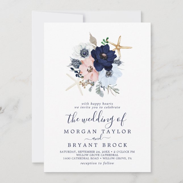 Modern Nautical | Floral Striped Wedding Invitation (Front)