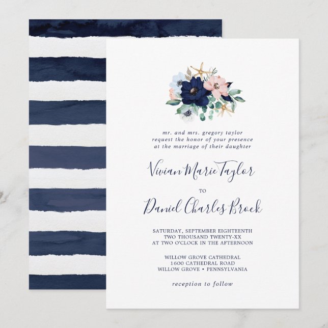 Modern Nautical | Floral Traditional Wedding Invitation (Front/Back)