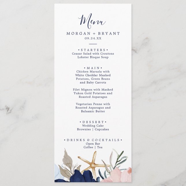 Modern Nautical | Floral Wedding Dinner Menu (Front)