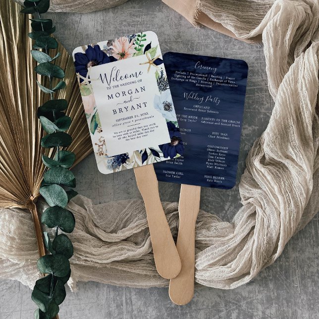 Modern Nautical | Floral Wedding Program Hand Fan (Creator Uploaded)