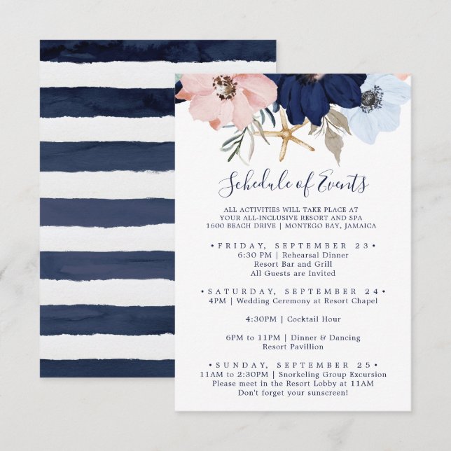 Modern Nautical Floral Wedding Schedule of Events Enclosure Card (Front/Back)