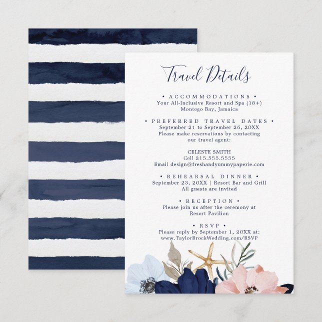 Modern Nautical Floral Wedding Travel Details Enclosure Card (Front/Back)