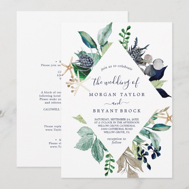 Modern Nautical Greenery Diamond All in 1 Wedding Invitation (Front/Back)