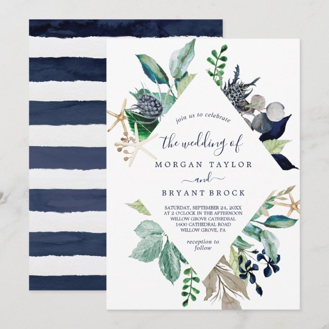 Modern Nautical Greenery Diamond Geometric Wedding Invitation (Front/Back)