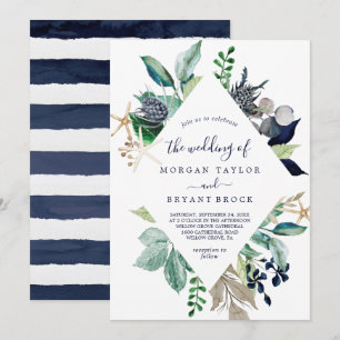 Modern Nautical Greenery Diamond Geometric Wedding Invitation