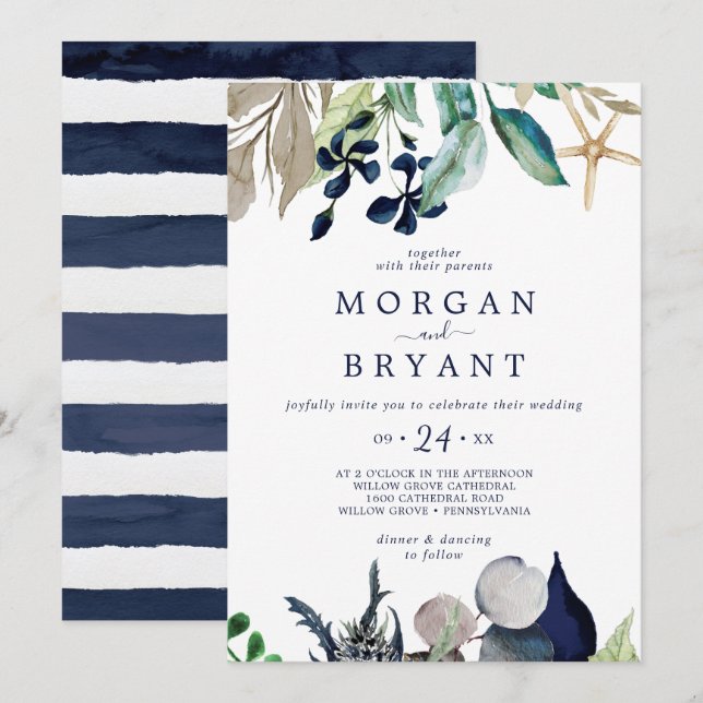 Modern Nautical | Greenery Navy Stripe Wedding Invitation (Front/Back)