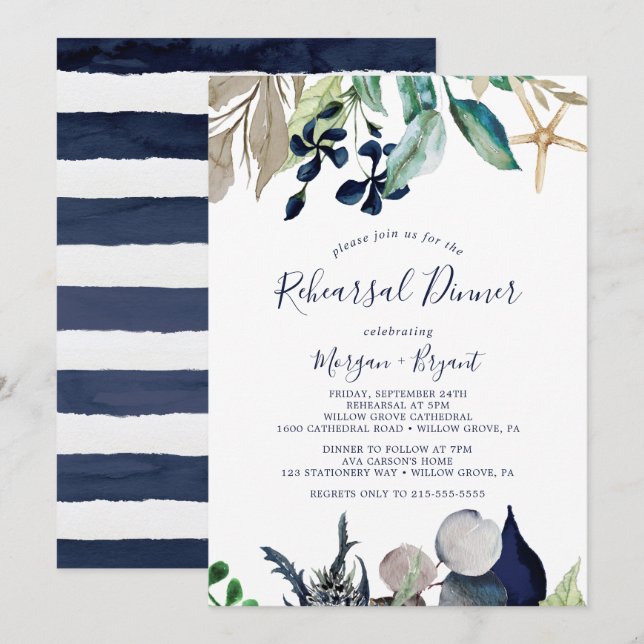 Modern Nautical | Greenery Rehearsal Dinner Invitation (Front/Back)