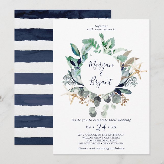 Modern Nautical | Greenery Wreath Wedding Invitation (Front/Back)