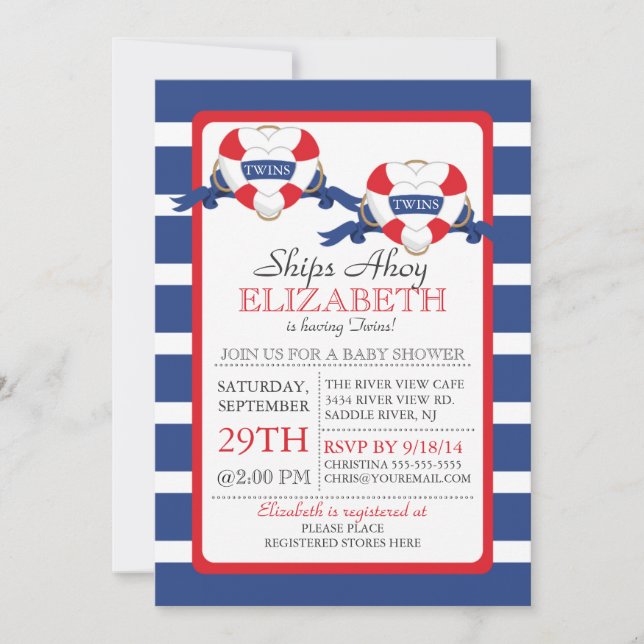 Modern Nautical Heart Buoy Twins Baby Shower Invitation (Front)