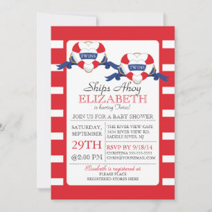 Modern Nautical Heart Buoy Twins Baby Shower Invitation