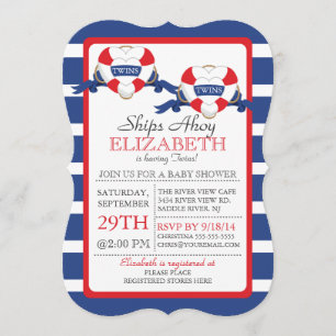 Modern Nautical Heart Buoy Twins Baby Shower Invitation