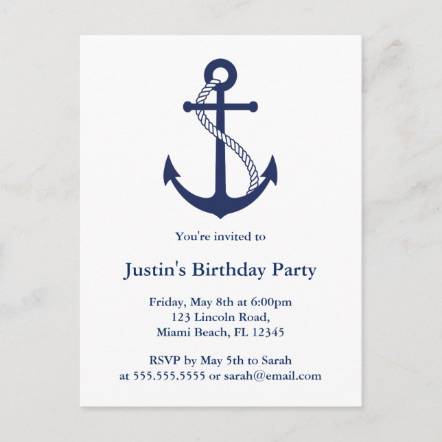 Modern Nautical Navy Blue Anchor invitations (Front)