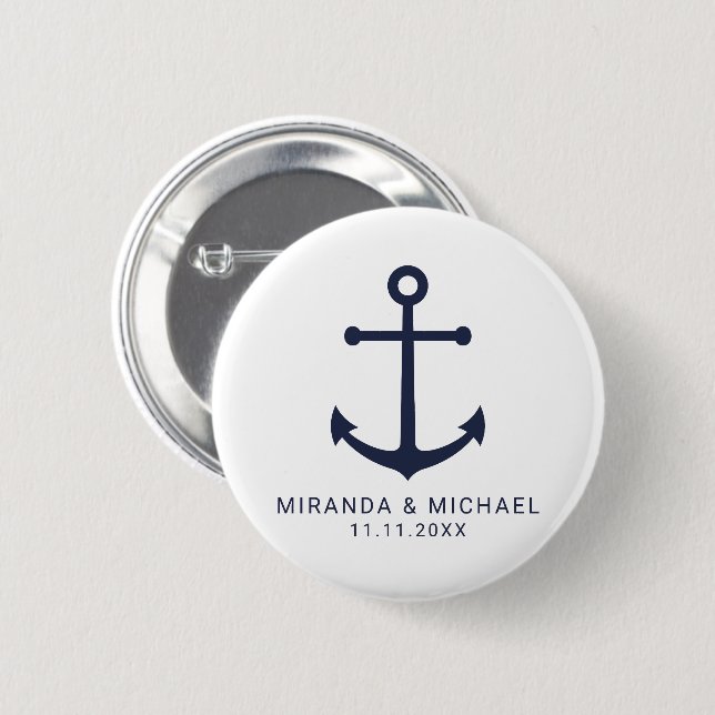 Modern Nautical Navy Blue Anchor Wedding Favour 6 Cm Round Badge (Front & Back)