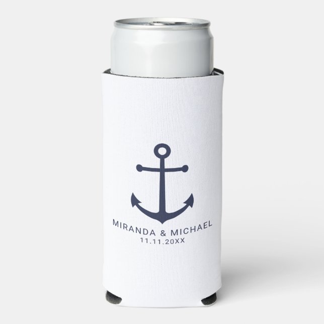 Modern Nautical Navy Blue Anchor Wedding Favour Ca Seltzer Can Cooler (Seltzer Front)