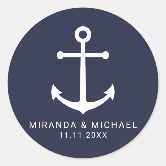 Modern Nautical Navy Blue Anchor Wedding Favour Classic Round Sticker (Front)