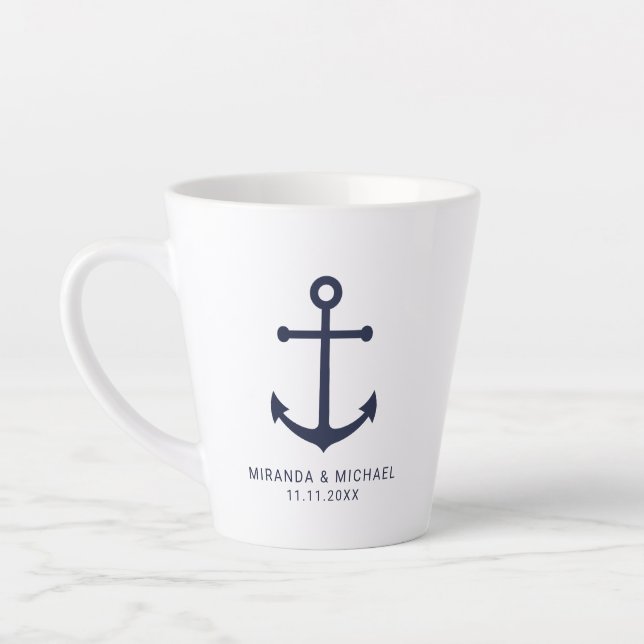 Modern Nautical Navy Blue Anchor Wedding Favour Co Latte Mug (Left)