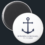 Modern Nautical Navy Blue Anchor Wedding Favour Magnet<br><div class="desc">Modern Minimalist Nautical Navy Blue Anchor Wedding Favour Magnet
featuring navy blue anchor and personalised bride and groom's name with wedding date in navy blue modern sans serif font style on white background.

Perfect for nautical themed wedding,  beach themed wedding and more.</div>