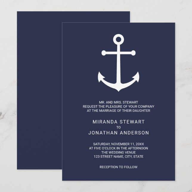 Modern Nautical Navy Blue Anchor Wedding Invitation (Front/Back)