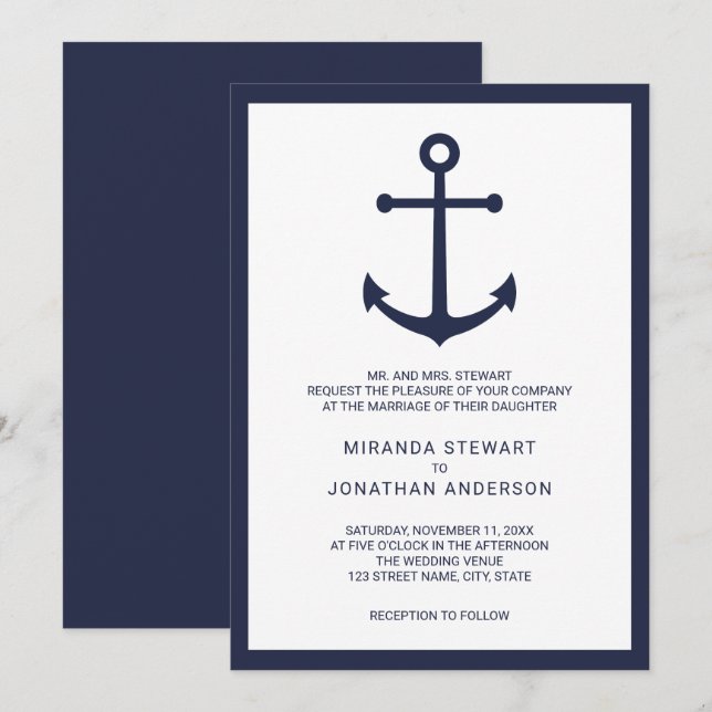 Modern Nautical Navy Blue Anchor Wedding Invitation (Front/Back)